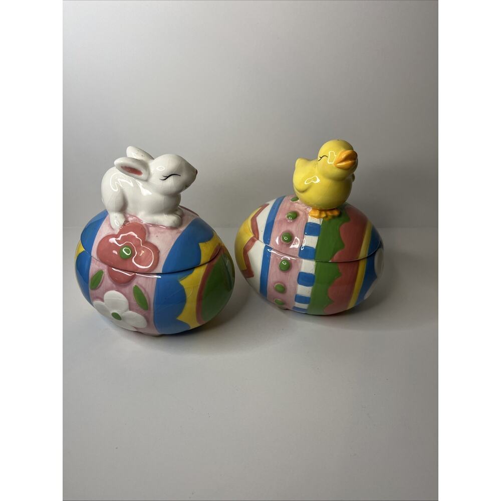 David’s Cookie Jar Easter Egg Yellow Chick & White Bunny Small Size 6”Ceramic